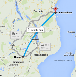 map showing distance from Zimbabwe to Tanzania