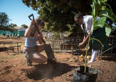 Volunteer and child digging Tree Planting and Environmental Education