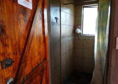 A bathroom with a shower and a toilet.