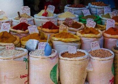 Bags of spices and nuts in Morocco.
