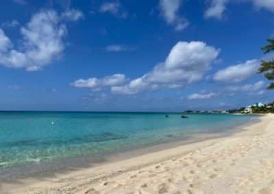 white sandy shore and blue waters